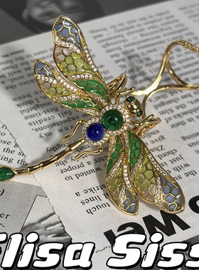 镶嵌彩宝拼接绿蓝色琉璃精致仿蜻蜓开口时尚会动戒指