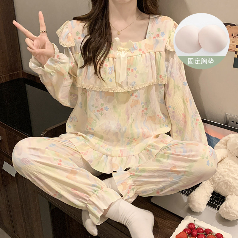 云朵棉睡衣女春秋季长袖带胸垫