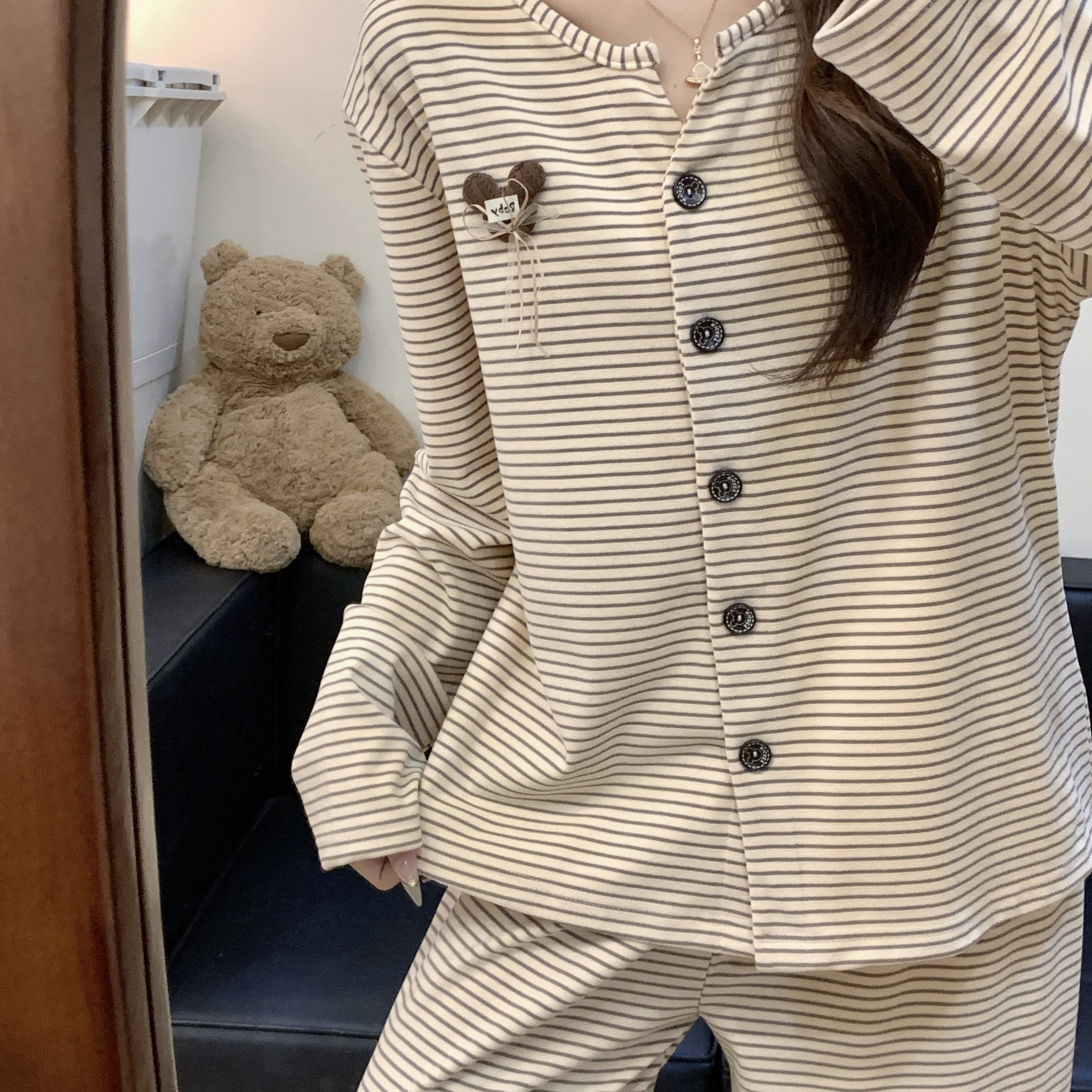 设计感假俩件条纹睡衣女秋冬德绒