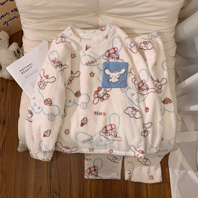 法兰绒睡衣女秋冬季休闲保暖套装