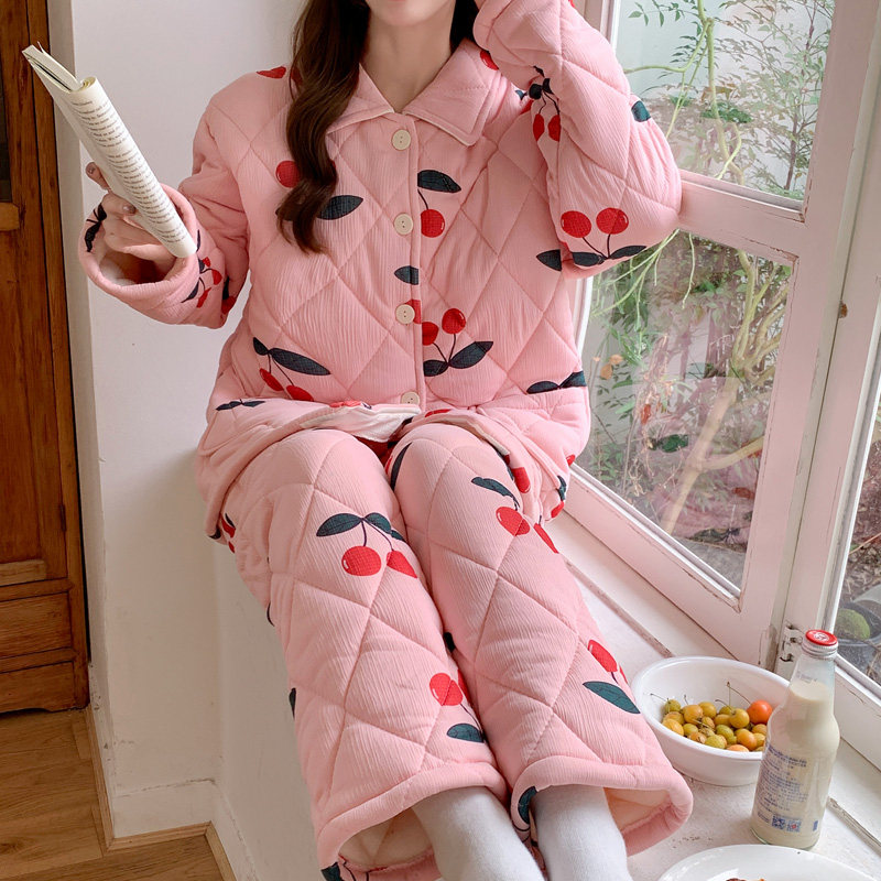 冬季加绒加厚保暖三层夹棉睡衣女可爱甜美女生翻领开衫家居服套装