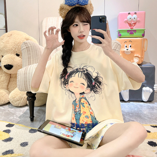 卡通圆领短袖 时尚 短裤 睡衣女2026新款 夏季 甜美休闲家居服套装 薄款