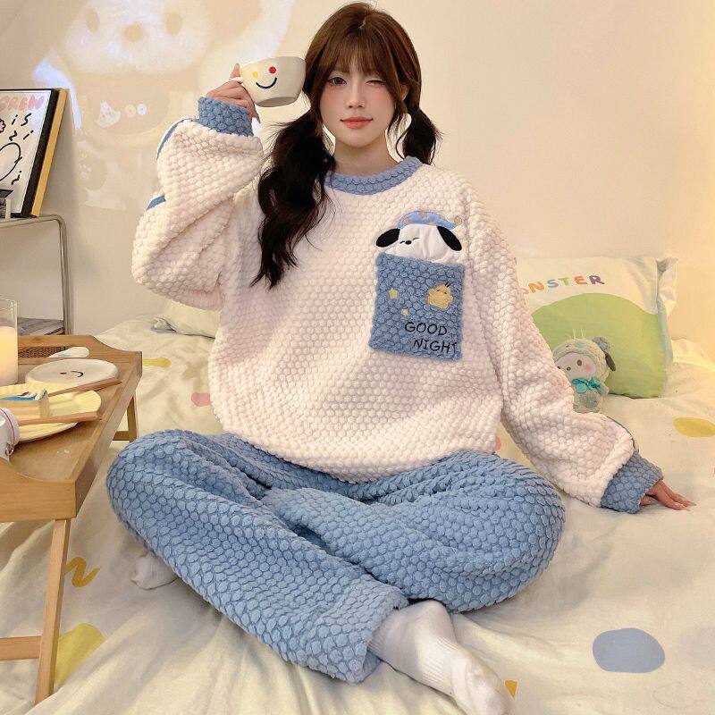 玫瑰绒睡衣女秋冬季新款卡通可爱