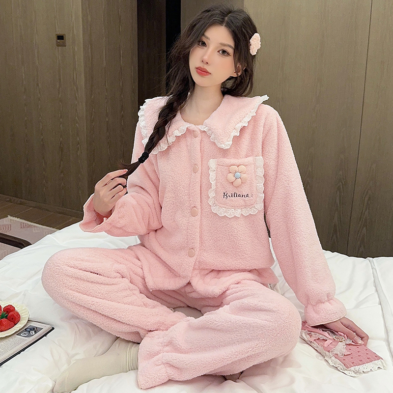 软绵绵保暖半边绒开衫睡衣女甜美