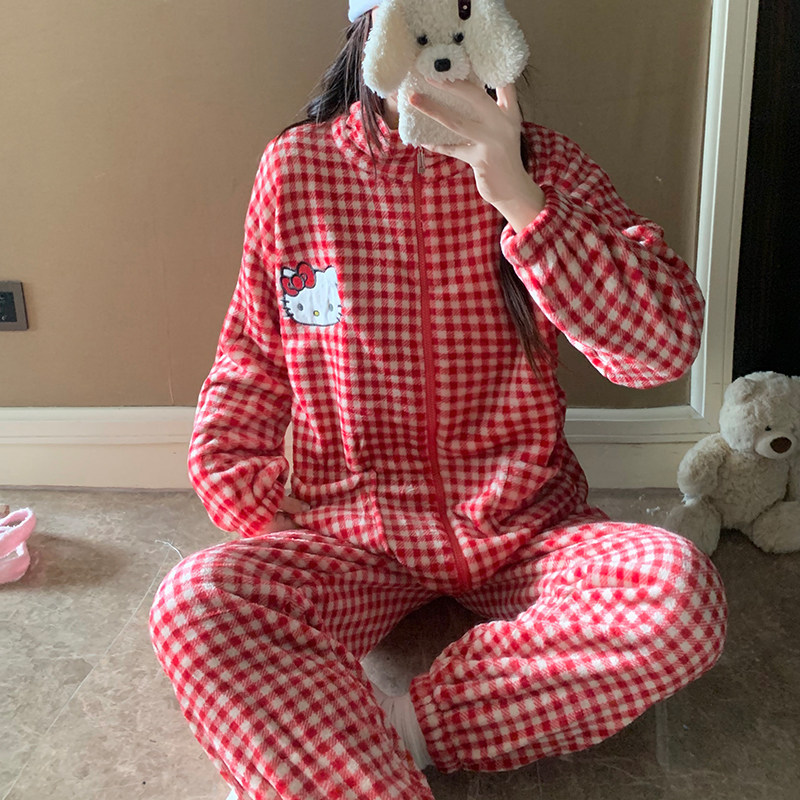 俏皮可爱法兰绒睡衣女秋冬季新款