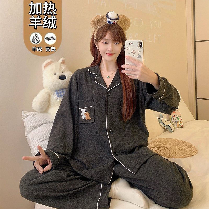 韩系纯色甜美休闲睡衣女羊绒套装