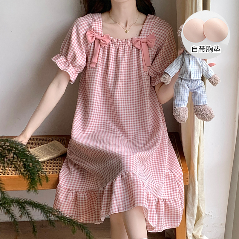 带胸垫睡裙女款夏季泡泡纱短袖