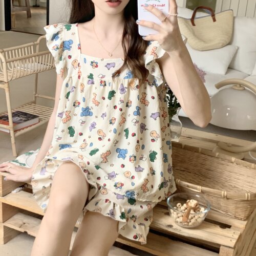 背心睡衣女纯棉短袖家居服两件套