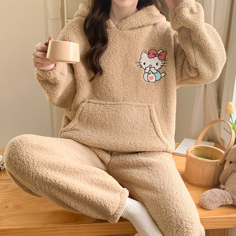 可爱KT猫羊羔绒连帽睡衣女2025秋冬季新款简约休闲保暖家居服套装