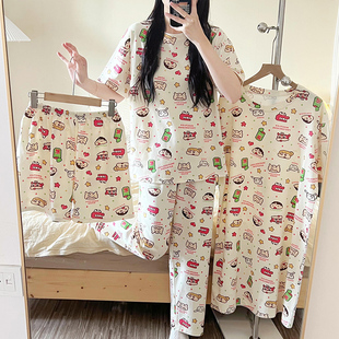 连衣裙家居服 卡通动漫可爱四件套睡衣女夏季 圆领套头薄款 短袖 长裤