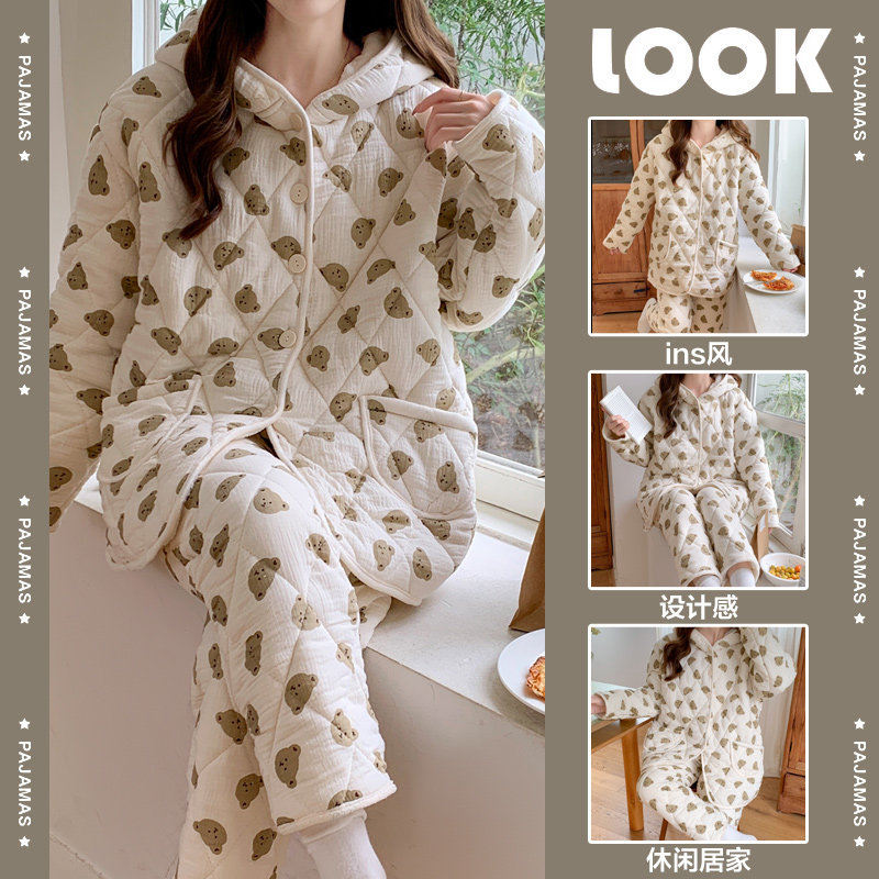 2025冬季新款保暖连帽开衫三层夹棉睡衣女日系可爱卡通家居服套装