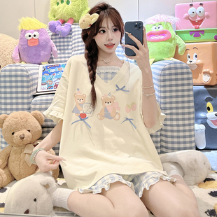 家居服套装 洋气卡通可爱甜美花边睡衣女2025新款 短裤 夏季 套头短袖
