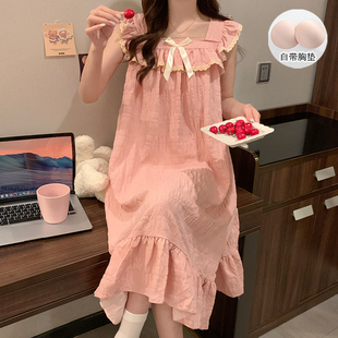云朵棉带胸垫睡裙女高级感纯色甜美蕾丝花边宽松连衣裙家居服 夏季