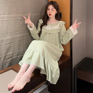 睡裙女春秋季 宽松连衣裙家居服 提花长袖 纯色清新甜美胖MM加肥大码