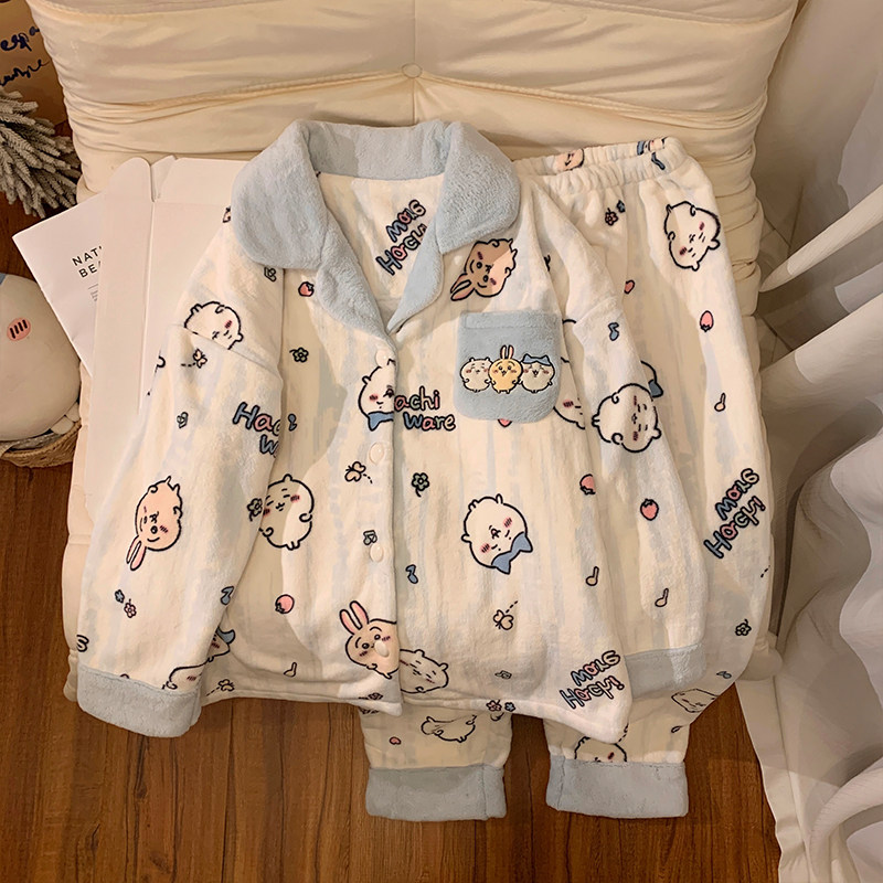 法兰绒睡衣女秋冬新款开衫家居服