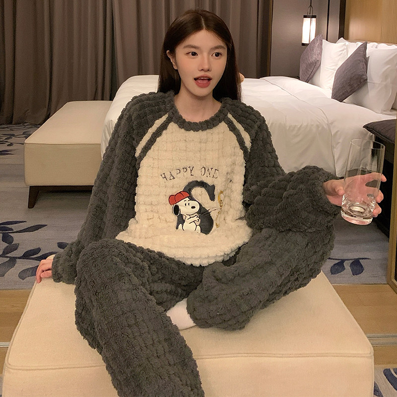 韩系休闲保暖套头睡衣女秋冬季雪格提花珊瑚绒可爱卡通家居服套装