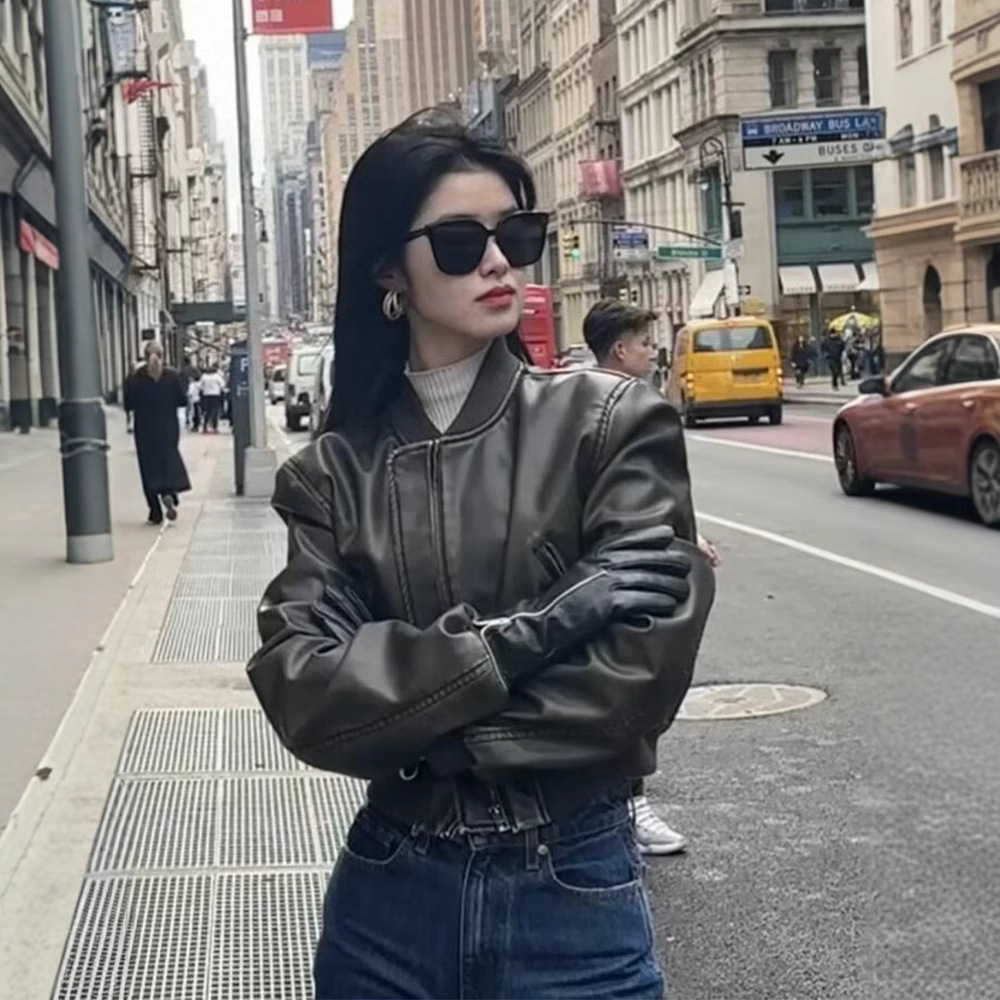 女式新款夹棉复古立领皮衣外套女冬季美式短款pu皮夹克机车风上衣