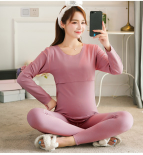哺乳喂奶家居服无痕秋冬弹力显瘦 秋冬大码 孕妇德绒秋衣秋裤 套装