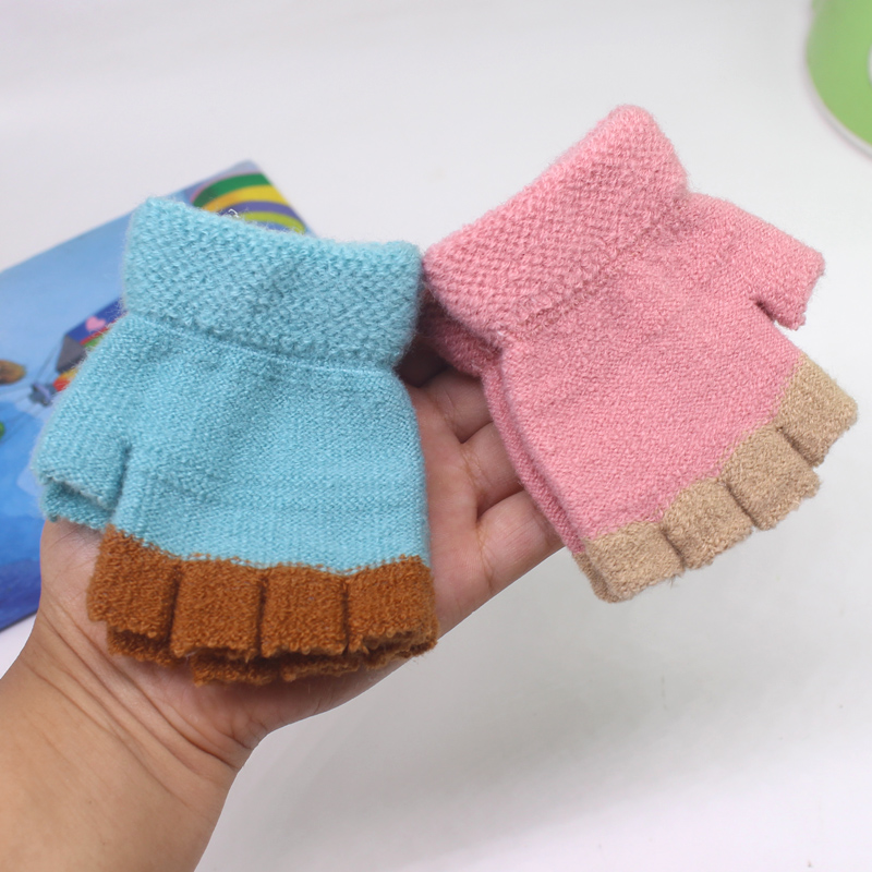 宝宝手套保暖毛线爬行露指0-2岁