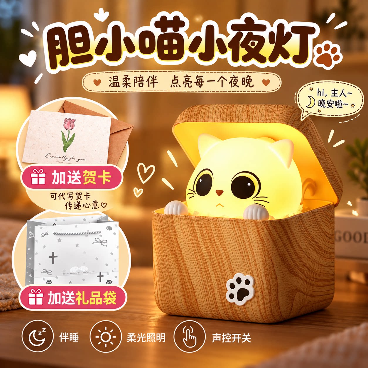 【生日礼物】胆小喵淳言躲猫猫趣味小夜灯礼物语音操控灯正品