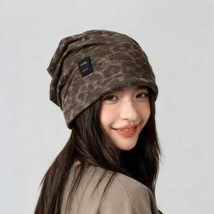 日系复古豹纹堆堆帽女春秋百搭显脸小百搭美式 街头男套包头冷帽子