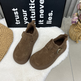 冬季复古风全包勃肯鞋女厚底真皮加绒保暖一脚蹬懒人雪地靴二棉鞋