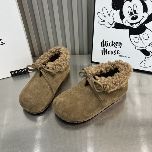 真皮系带平底鞋雪地棉复古勃肯鞋