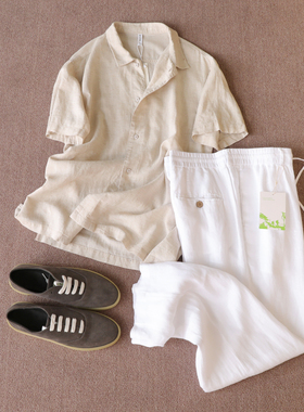 高级感老钱风2025夏季复古慵懒风凉感天丝亚麻混纺短袖衬衫男1088