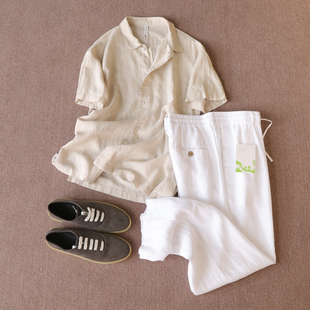 男1088 衬衫 高级感老钱风2025夏季 复古慵懒风凉感天丝亚麻混纺短袖