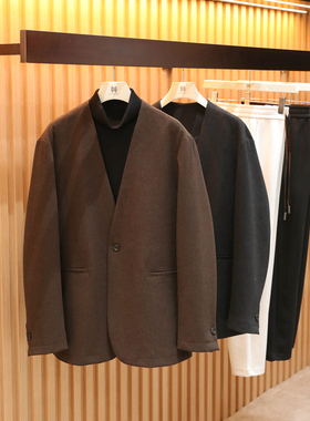 2025秋季新款高级感无领含羊毛混纺黑色西装简约休闲西服外套1519