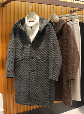 年终清仓秋冬新款男商务复古风羊毛混纺中长款连帽单面呢大衣9681