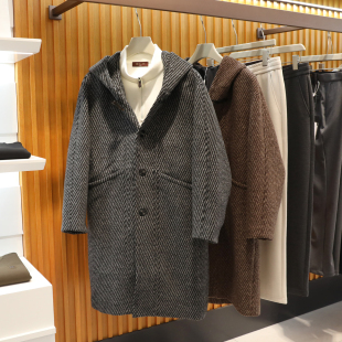 年终清仓秋冬新款 连帽单面呢大衣9681 男商务复古风羊毛混纺中长款