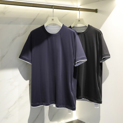 2025夏季新款男士户外丝滑凉感透气撞色双层领假两件短袖T恤1205