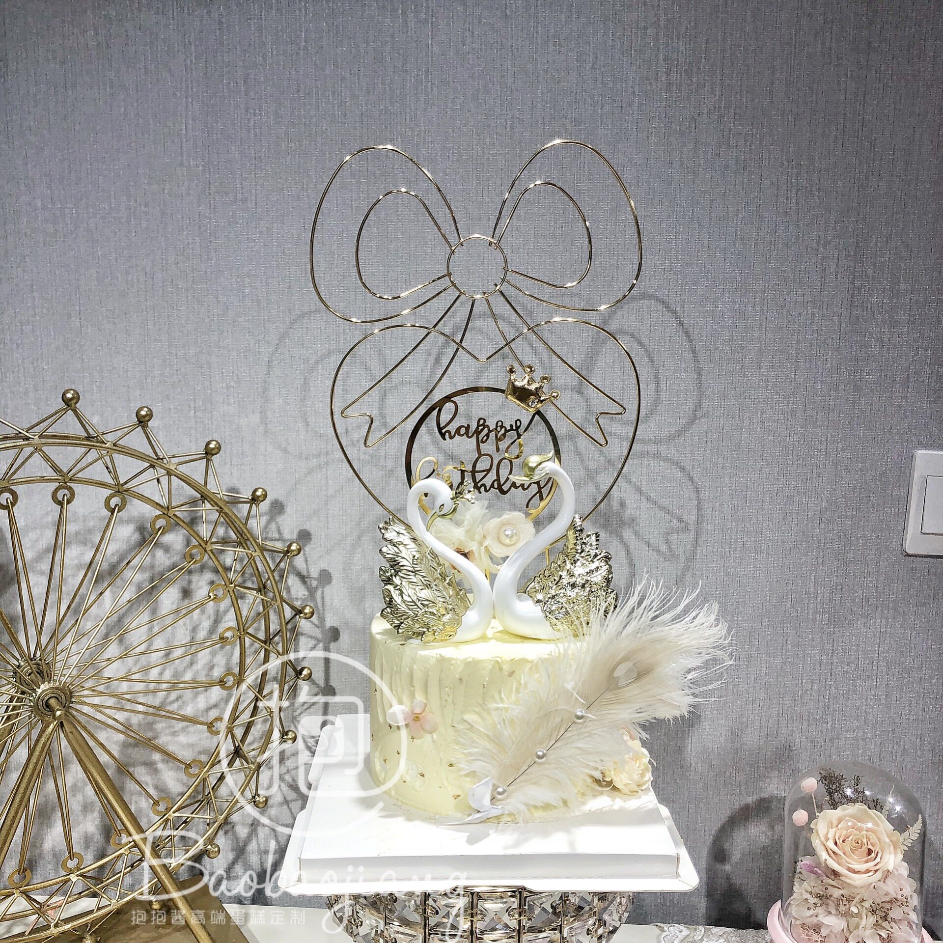 天鹅蛋糕装饰情侣天鹅摆件婚礼主题蛋糕烘焙蛋糕装饰蝴蝶结仙女风