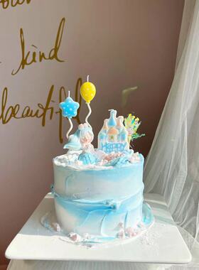 树脂蓝色紫色美人鱼女孩公主仙女蛋糕装饰城堡爱心气球蜡烛装扮