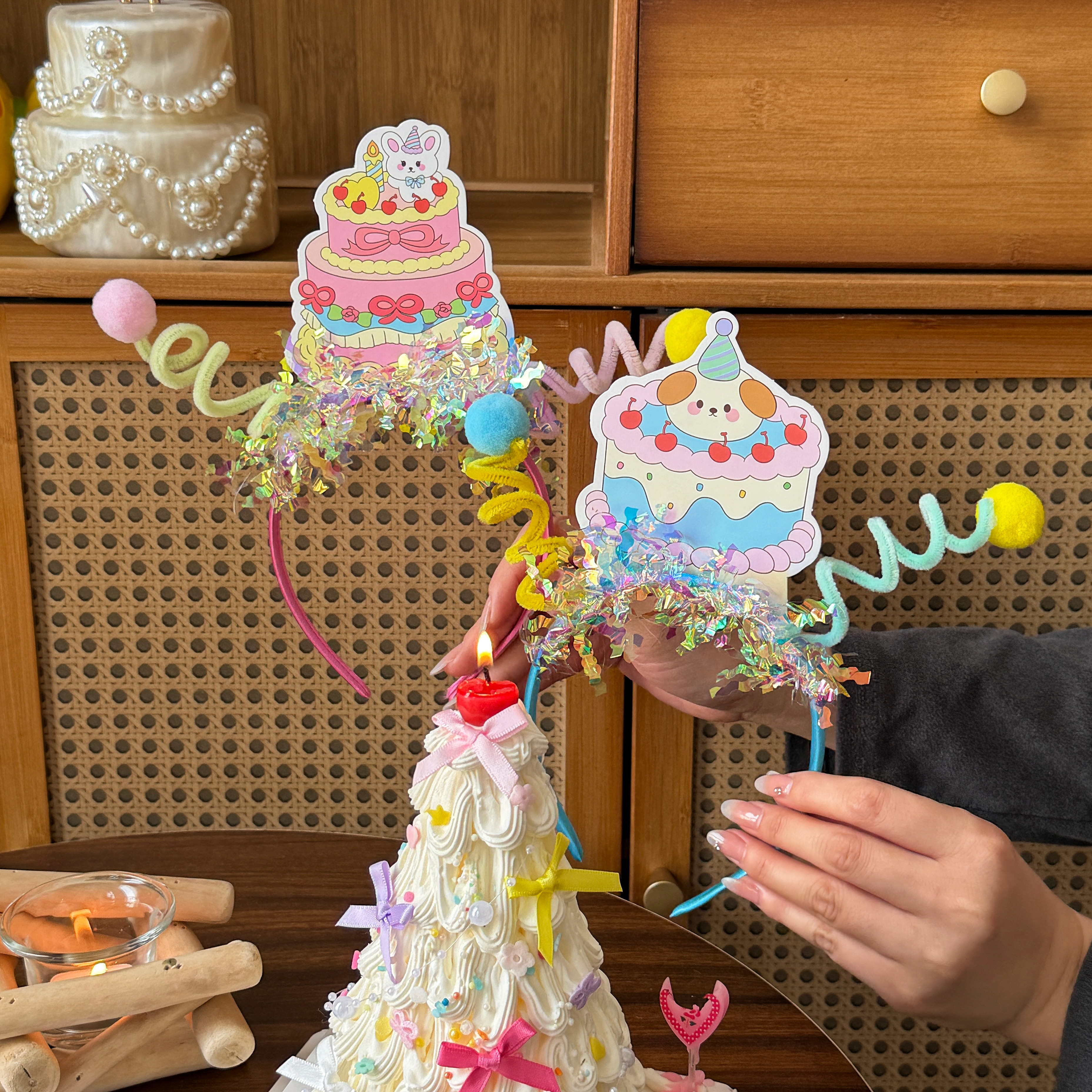 抱抱酱原创版权卡通蛋糕小狗扭扭棒弹簧粉色蓝色可爱网红生日帽