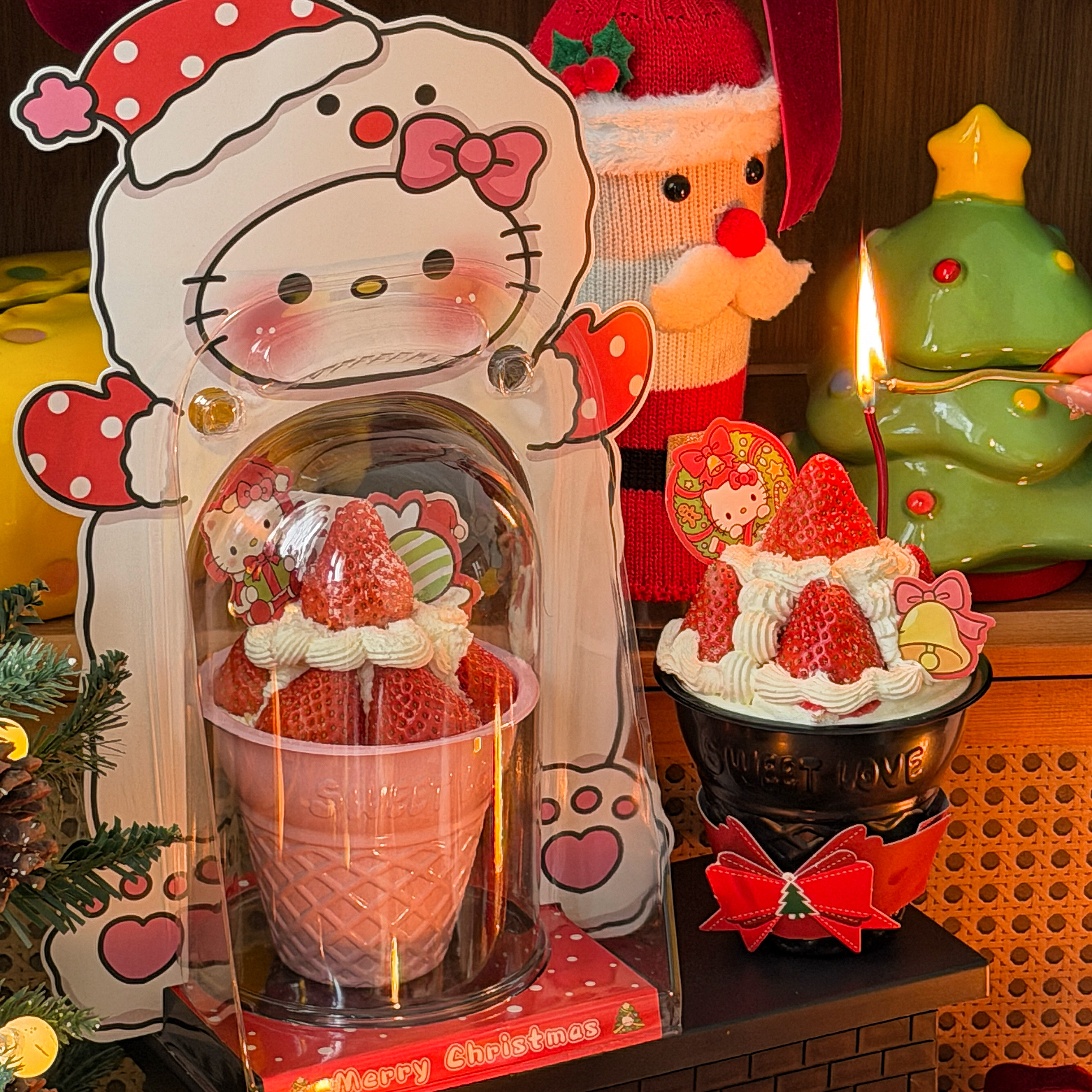 抱抱酱原创版权粉色甜筒草莓蛋糕kitty猫折叠吸塑盒圣诞蛋糕包装