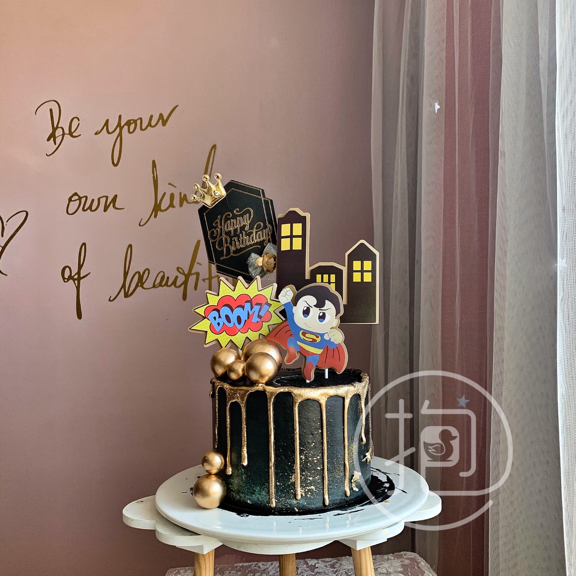 蛋糕装饰插件冲天小超人爸爸房子插牌男士生日快乐奢华金插牌黑色