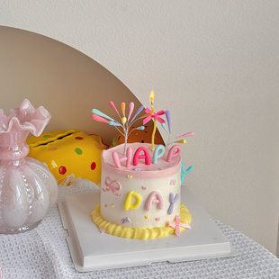 抱抱酱原创可爱粘土七彩礼花软胶英文生日快乐蛋糕装饰配件