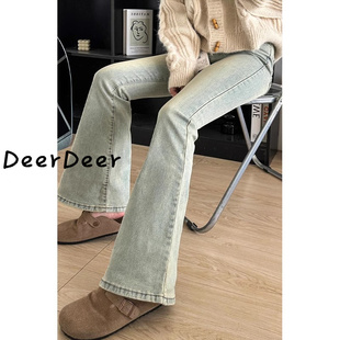 胖mm弹力显瘦梨形身材喇叭马蹄裤 大码 女春秋新款 黄泥染微喇牛仔裤