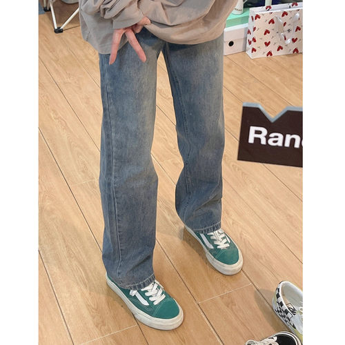 复古蓝牛仔直筒裤女窄版阔腿裤子