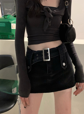 黑色牛仔半身裙女胖mm春夏高腰辣妹超短裙A字大码包臀裙裙裤裙子