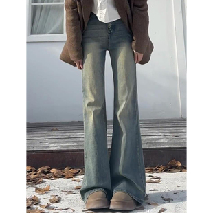 胖mm高腰显瘦弹力梨形身材喇叭裤 复古蓝微喇牛仔裤 女秋冬加绒大码