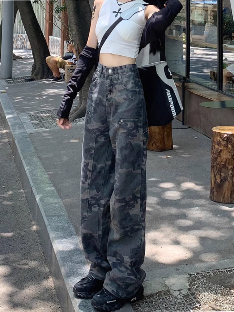 美式嘻哈hiphop工装裤女春秋复古迷彩宽松阔腿牛仔裤子高街潮ins