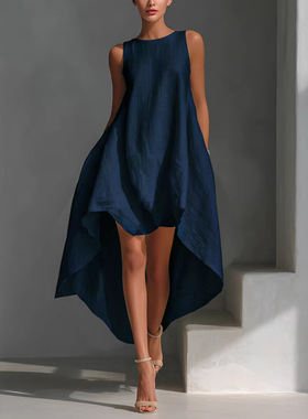 women dress2026年欧美亚马逊独立站春棉麻前短后长不规则连衣裙