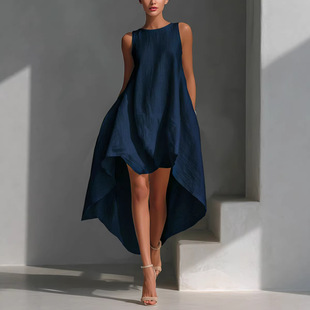 women dress2026年欧美亚马逊独立站春棉麻前短后长不规则连衣裙