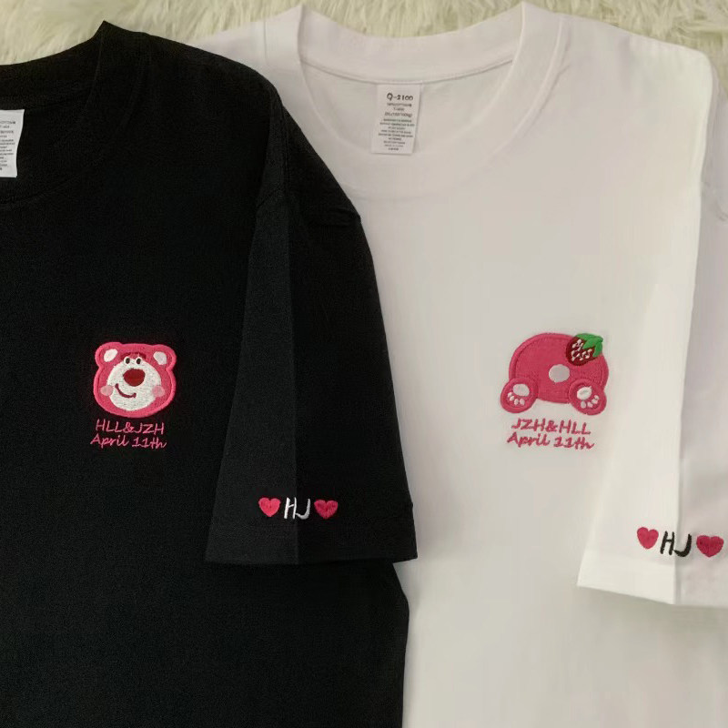 短袖常规草莓熊刺绣纯棉情侣装