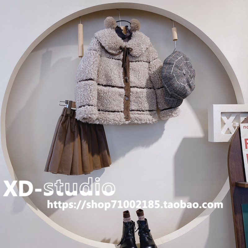 麦歌不退不换2021冬装新品女童日系bp风翻领压边设计羊羔绒外套