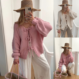 Pink lace up sweater with lazy style women's cardigan top