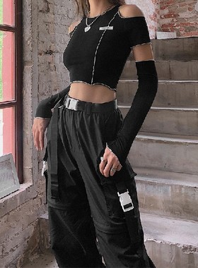 Y2k Crop Tops Ruffles Hem Hip Hop Techwear Women Tee
